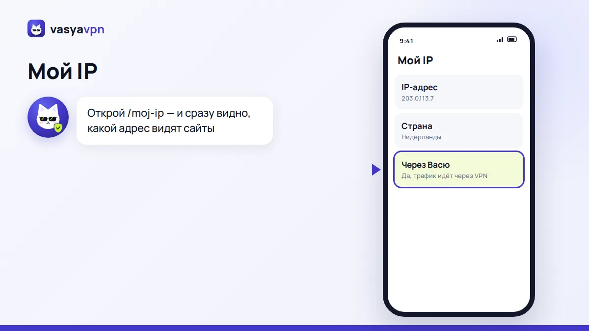 Страница «Мой IP» на телефоне показывает внешний IP-адрес, страну и подключение через Васю