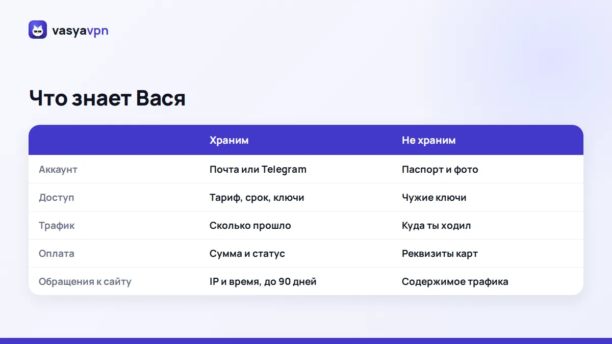 Таблица: что Вася хранит и чего не хранит — аккаунт, доступ, трафик, оплата