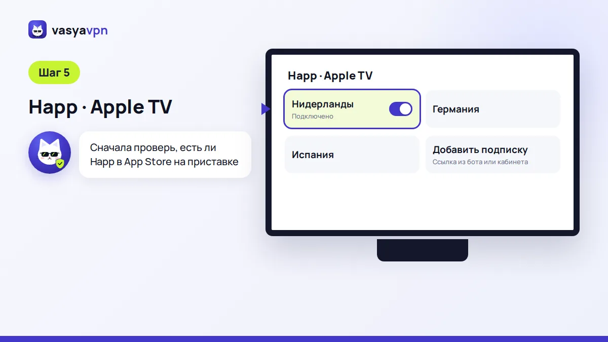 Экран Happ на Apple TV: подписка Васи добавлена, выбрана страна, VPN включён