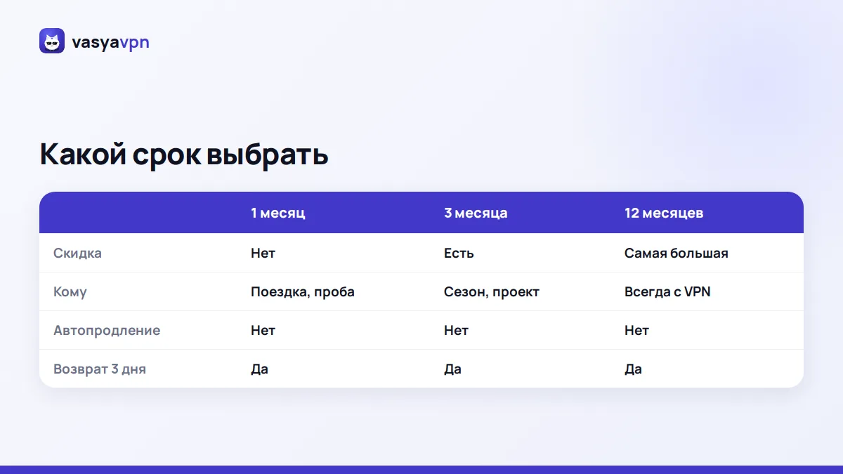 Сравнение подписки Васи на 1, 3 и 12 месяцев: скидка, для кого, автопродление