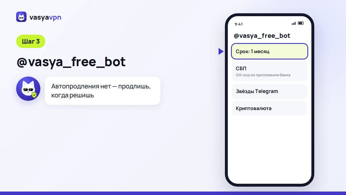Экран бота Васи в Telegram: выбор срока подписки 1 месяц и способа оплаты