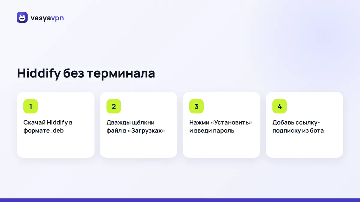 Шаги установки Hiddify на Ubuntu и Linux Mint: скачать .deb, открыть установщик, нажать «Установить»