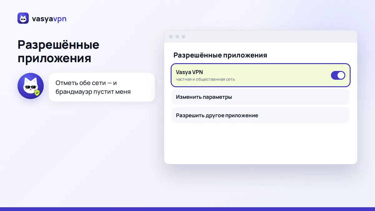 Окно «Безопасность Windows»: разрешение для Vasya VPN в брандмауэре для частной и общественной сети