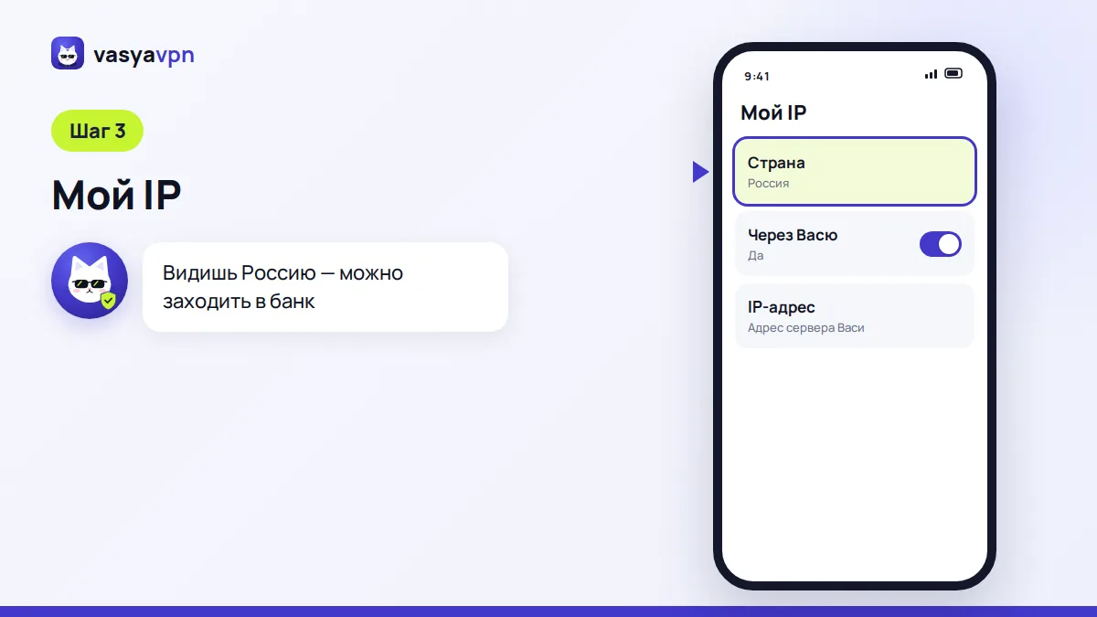 Страница «Мой IP» на телефоне: страна Россия, трафик идёт через Васю