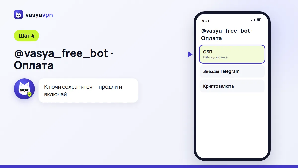 Бот Васи в Telegram: выбор срока подписки и способа оплаты — СБП, звёзды, криптовалюта